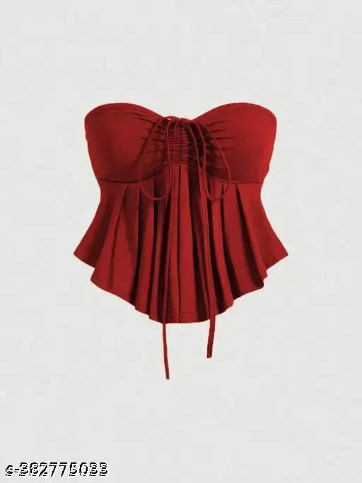 Drawstring Front Off-Shoulder Ruffle Hem Tube Top